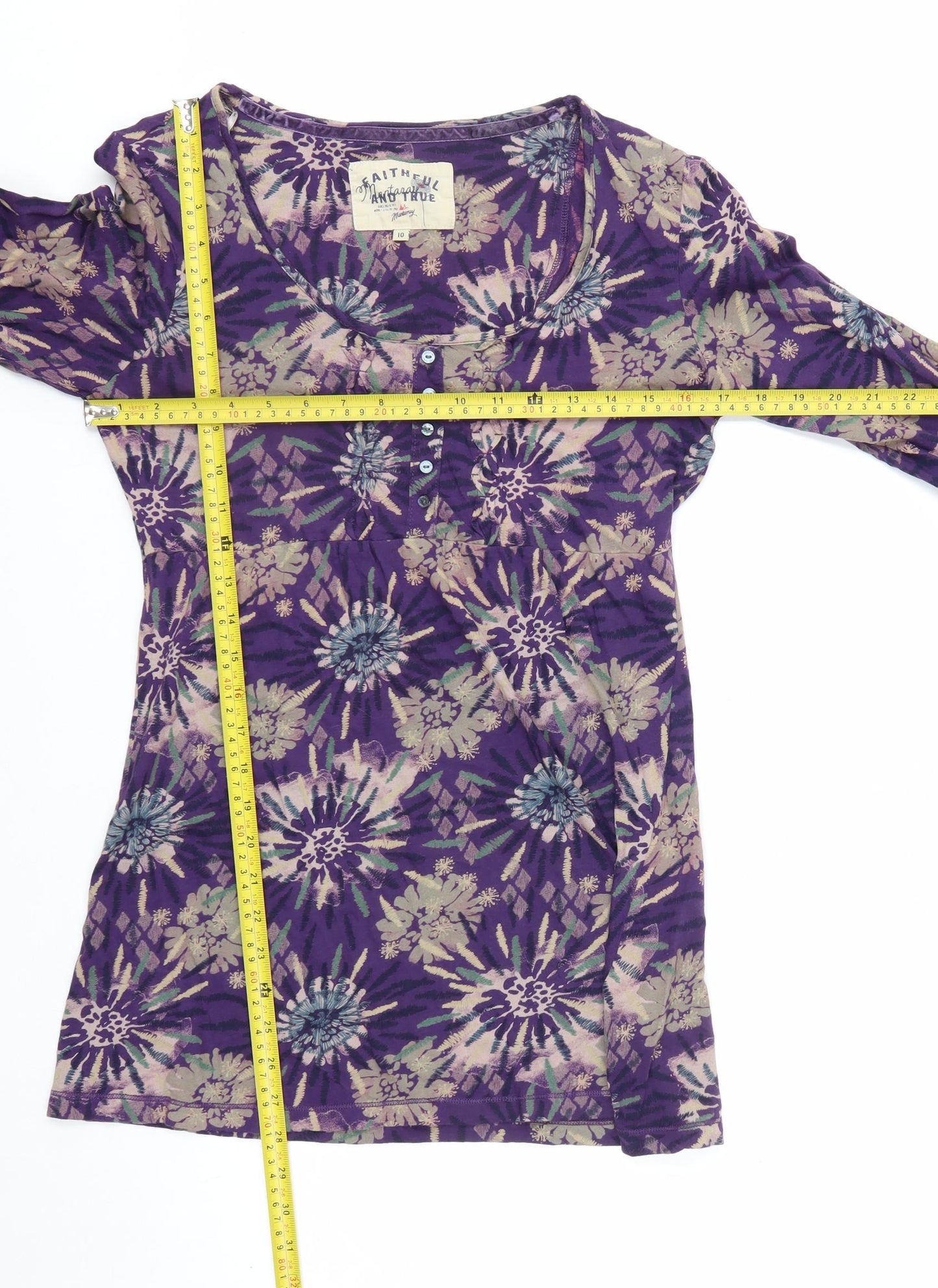 Mantaray Women's Purple Floral 3/4 Sleeve Cotton Tunic Top Size 10
