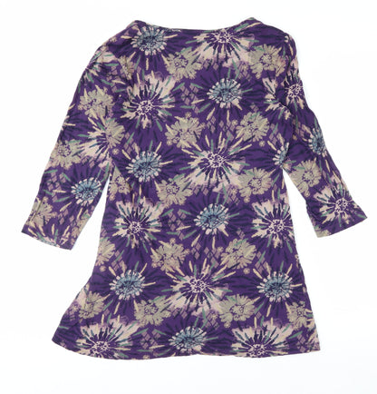 Mantaray Women's Purple Floral 3/4 Sleeve Cotton Tunic Top Size 10