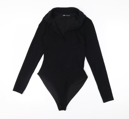 Zara Women Black Collared Long Sleeve Bodysuit Top Size S
