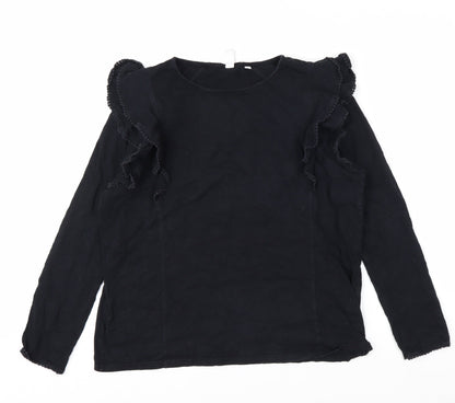 Marks and Spencer Womens Black Ruffle Long Sleeve Cotton Blouse Size 14