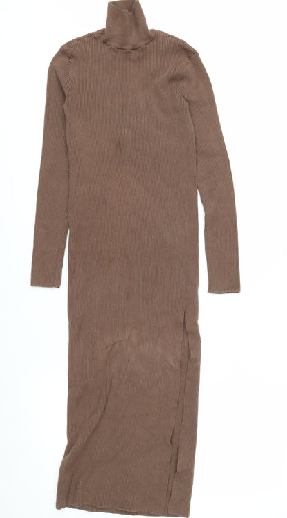 Zara Women Brown Roll Neck Ribbed Knit Bodycon Midi Dress Size 8