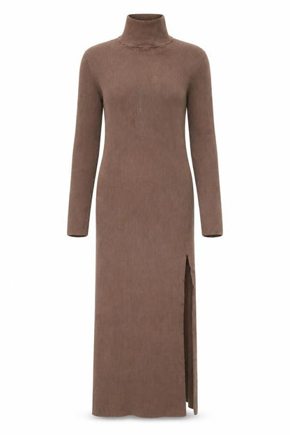 Zara Women Brown Roll Neck Ribbed Knit Bodycon Midi Dress Size 8