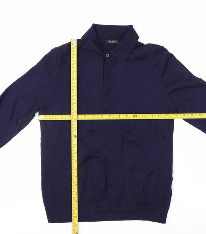 Paul Smith Men's Blue Merino Wool Collared Henley Jumper M