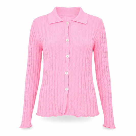 Zara Women Pink Cotton Button-Up Collared Knit Top Size S