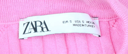 Zara Women Pink Cotton Button-Up Collared Knit Top Size S
