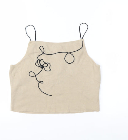 nu-in Women's Beige Embroidered Cropped Knit Tank Top Size M
