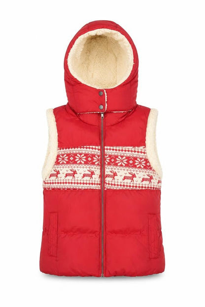 John Lewis Women Red Hooded Puffer Waistcoat Size S Christmas Fair Isle Fleece Lined