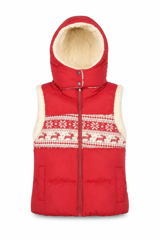 John Lewis Women Red Hooded Puffer Waistcoat Size S Christmas Fair Isle Fleece Lined