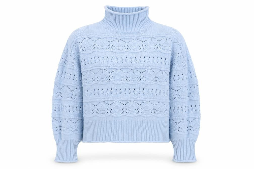 Front view of French Connection Women Blue Roll Neck Open Knit Jumper, size S