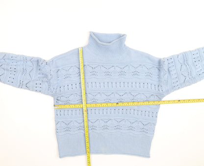 French Connection Women Blue Roll Neck Open Knit Jumper Size S