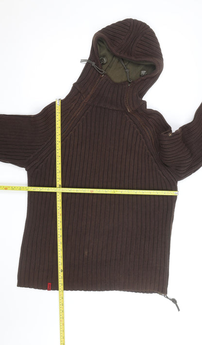 Schott Men’s Brown Knit Cotton Hooded Pullover Jumper L