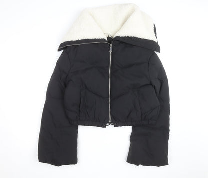 Flamme Mode Women’s Black Cropped Puffer Jacket with Faux Fur Collar Size M