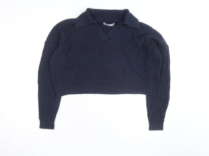 Hollister Women's Blue Collared Cable-Knit Pullover Jumper M