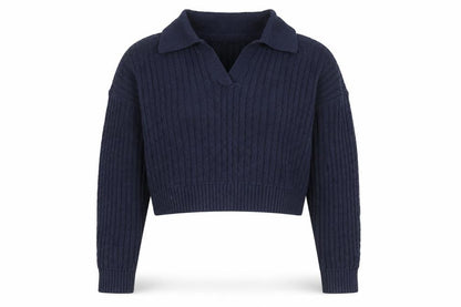 Hollister Women's Blue Collared Cable-Knit Pullover Jumper M