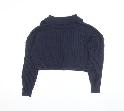 Hollister Women's Blue Collared Cable-Knit Pullover Jumper M