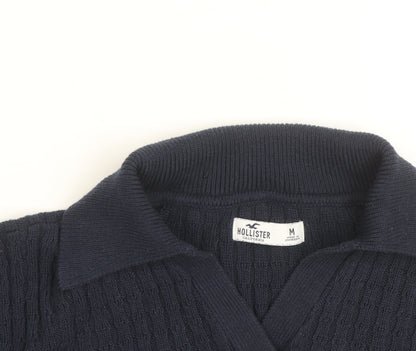 Hollister Women's Blue Collared Cable-Knit Pullover Jumper M