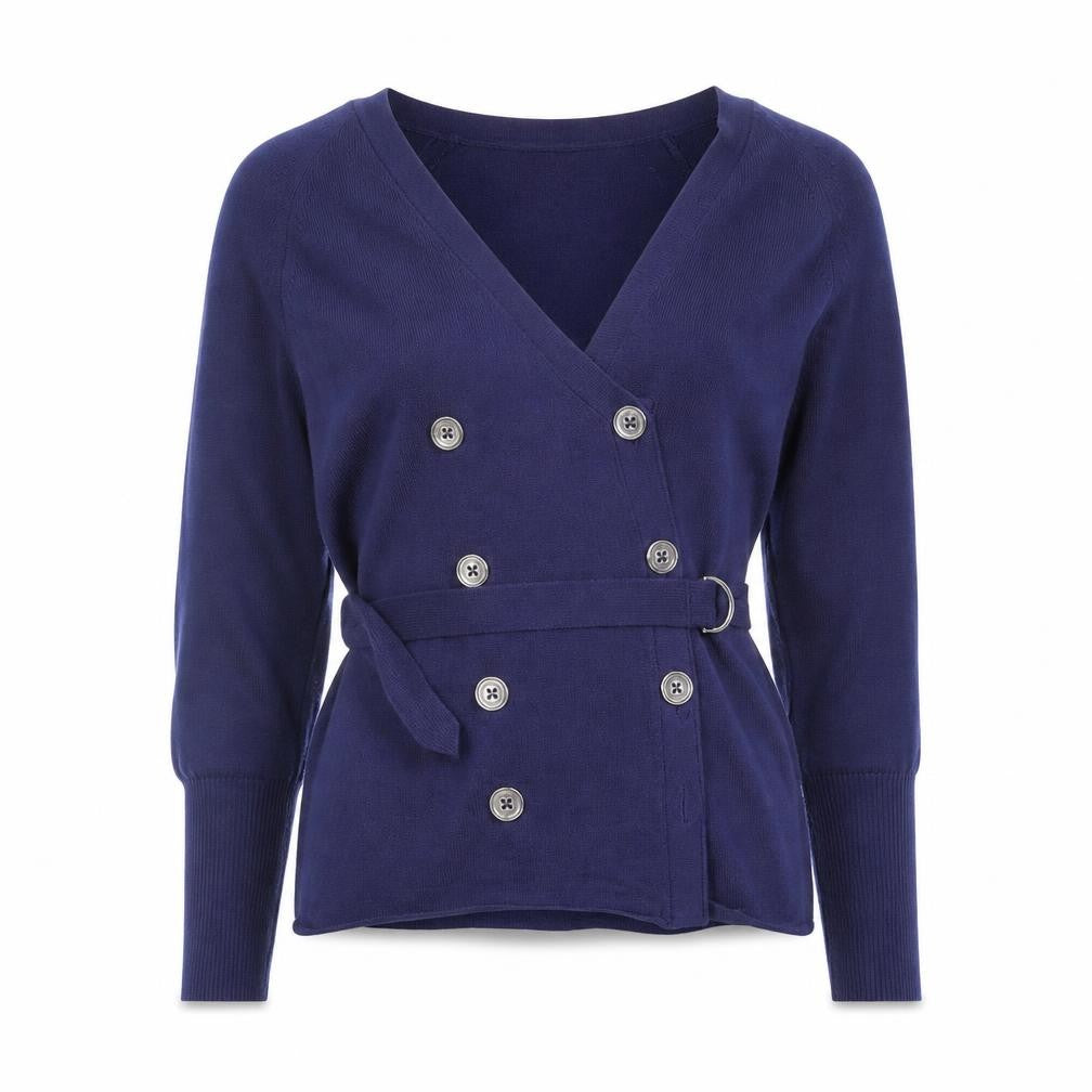 Karen Millen Women's Blue Belted V-Neck Cardigan Size S