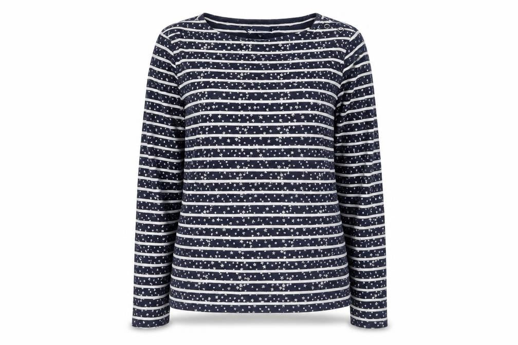 Front view of Crew Clothing Women’s Blue Striped Star Long Sleeve Cotton T-Shirt, size UK 12
