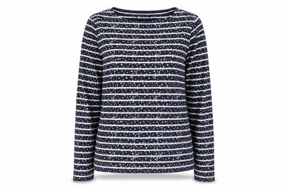 Front view of Crew Clothing Women’s Blue Striped Star Long Sleeve Cotton T-Shirt, size UK 12