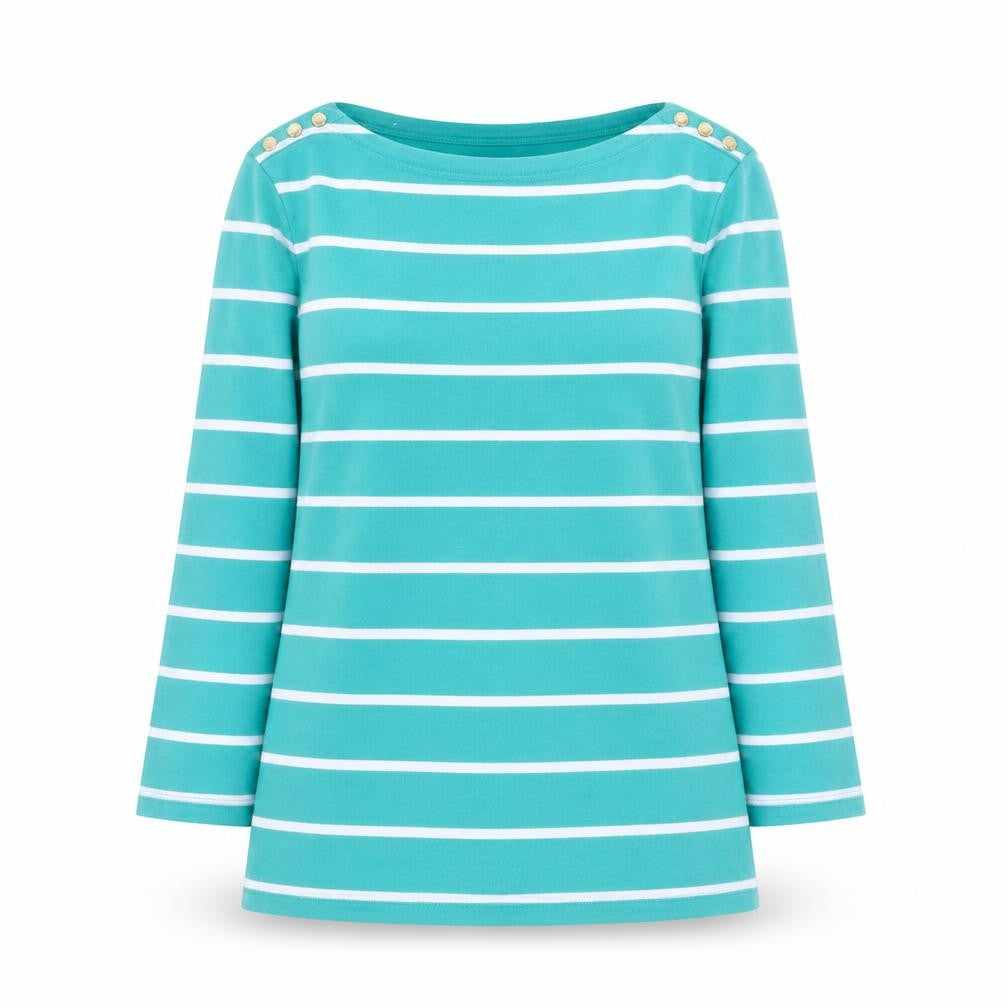 Lands' End Women's Green Striped Boat Neck Long Sleeve Cotton Top Size S