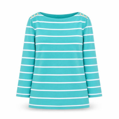 Lands' End Women's Green Striped Boat Neck Long Sleeve Cotton Top Size S