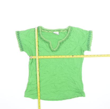Next Women Green Crochet Trim Short Sleeve Cotton V-Neck T-Shirt UK 12