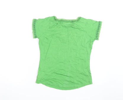 Next Women Green Crochet Trim Short Sleeve Cotton V-Neck T-Shirt UK 12