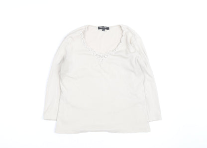 Debbie Morgan Women Beige V-Neck Lace Trim Stretch Jumper M