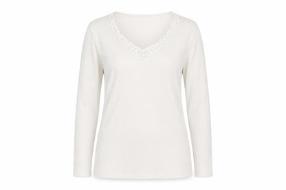 Debbie Morgan Women Beige V-Neck Lace Trim Stretch Jumper M