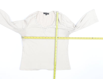 Debbie Morgan Women Beige V-Neck Lace Trim Stretch Jumper M