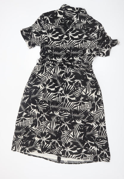 Viyella Women’s Black Floral Shirt Dress Size 14 Short Sleeve Knee Length