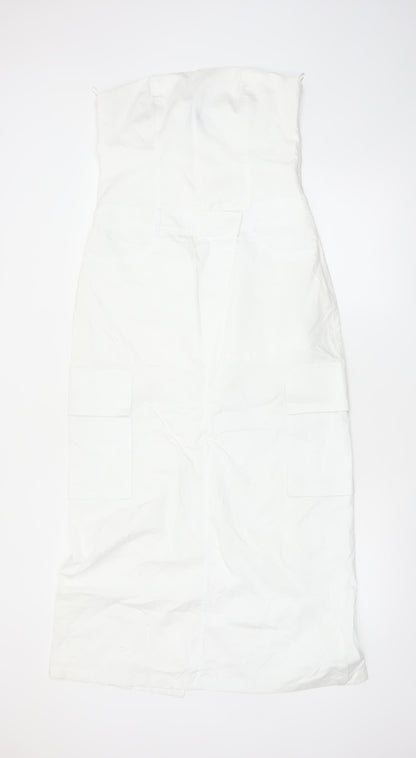 Zara Women White Strapless Midi Dress Size 12 Cotton Pockets