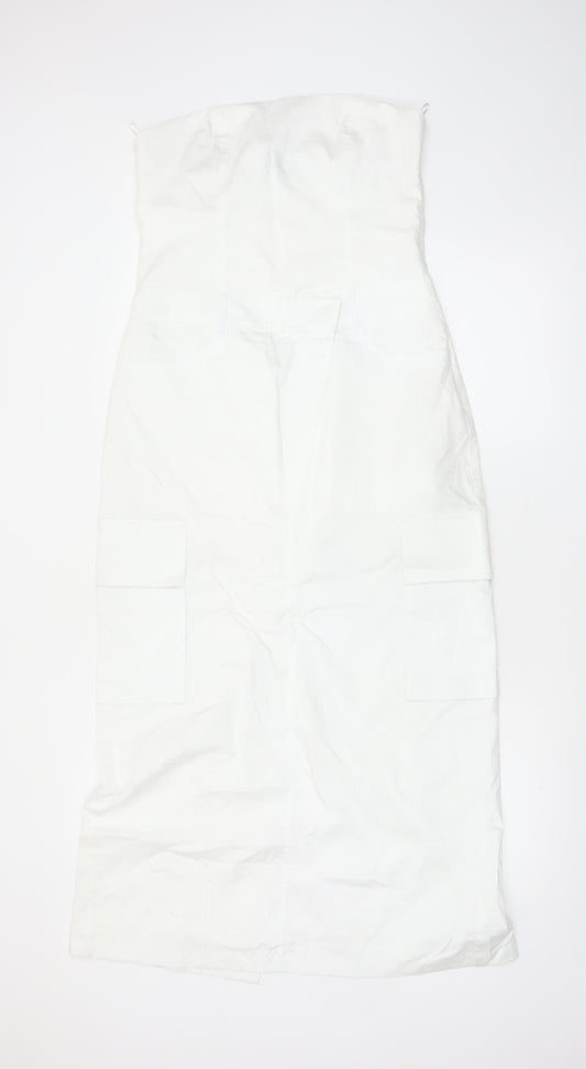 Zara Women White Strapless Midi Dress Size 12 Cotton Pockets
