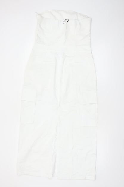 Zara Women White Strapless Midi Dress Size 12 Cotton Pockets