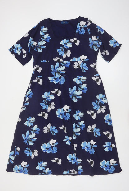Cotton Traders Women Blue Floral A-Line Knee Length Dress Size 12