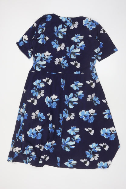 Cotton Traders Women Blue Floral A-Line Knee Length Dress Size 12