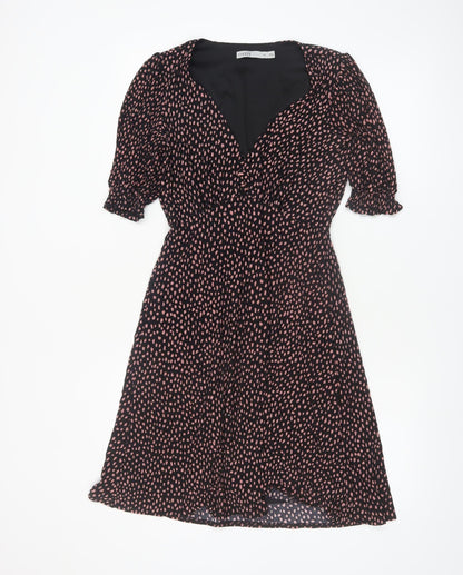 Oasis Women Black Polka Dot Fit & Flare Dress XS V-Neck Puff Sleeve
