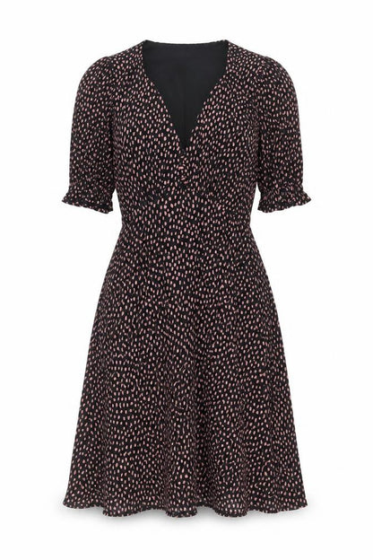 Oasis Women Black Polka Dot Fit & Flare Dress XS V-Neck Puff Sleeve