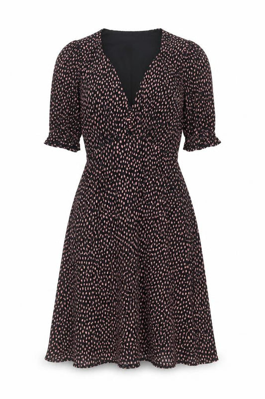Oasis Women Black Polka Dot Fit & Flare Dress XS V-Neck Puff Sleeve