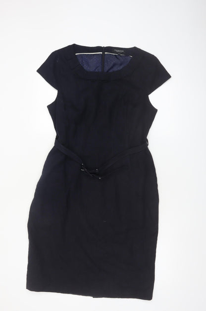 Debenhams Women Navy Linen Sheath Belted Work Dress Size 14