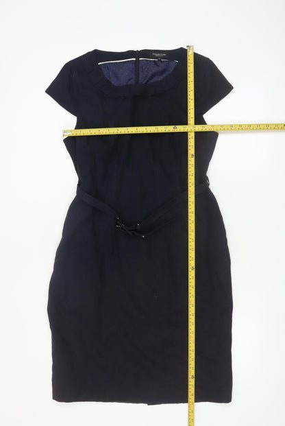 Debenhams Women Navy Linen Sheath Belted Work Dress Size 14