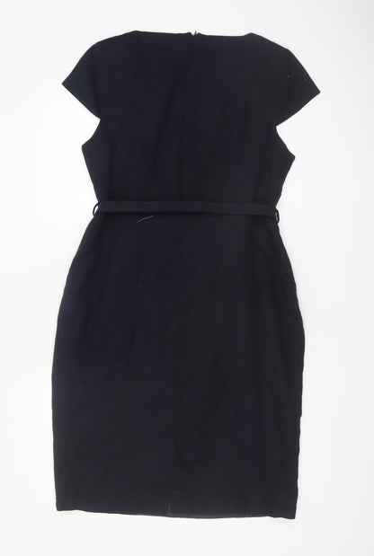 Debenhams Women Navy Linen Sheath Belted Work Dress Size 14