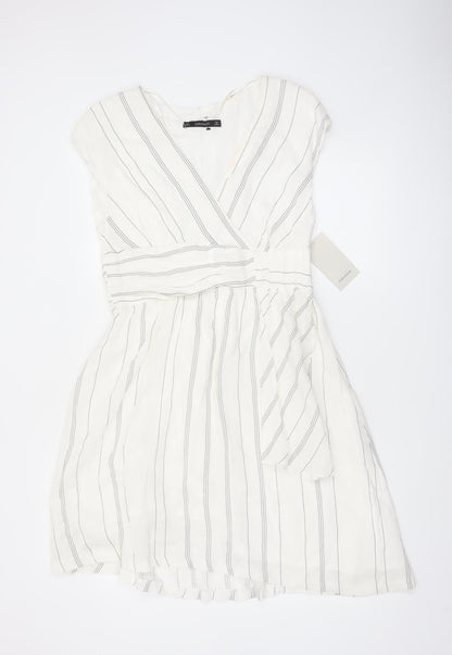 Zara Basic Women Ivory Stripe Linen Wrap Dress Size 14 Knee Length