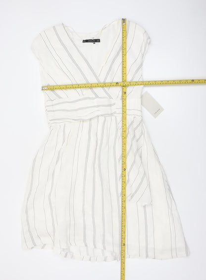 Zara Basic Women Ivory Stripe Linen Wrap Dress Size 14 Knee Length