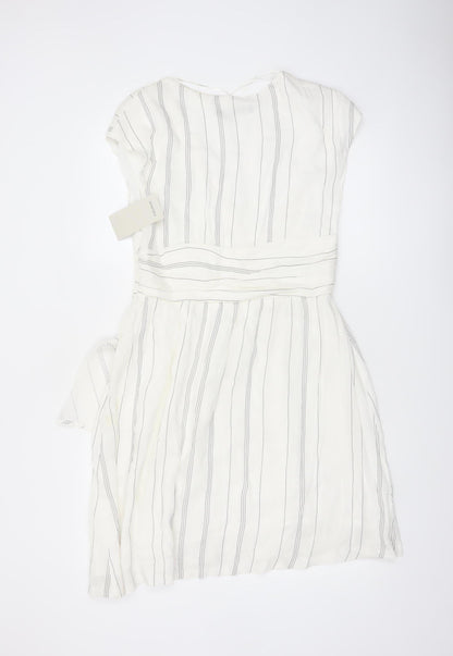 Zara Basic Women Ivory Stripe Linen Wrap Dress Size 14 Knee Length