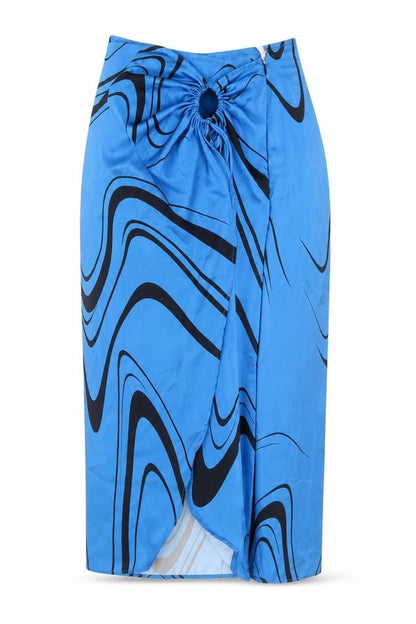 Bershka Women Blue Midi Wrap Skirt M Retro Geometric Print