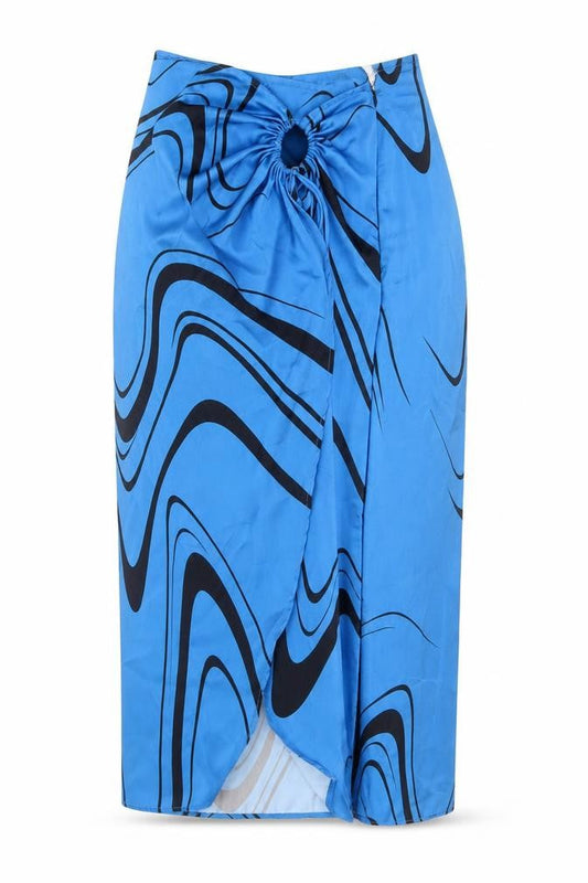 Bershka Women Blue Midi Wrap Skirt M Retro Geometric Print