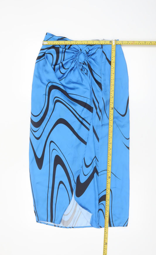 Bershka Women Blue Midi Wrap Skirt M Retro Geometric Print