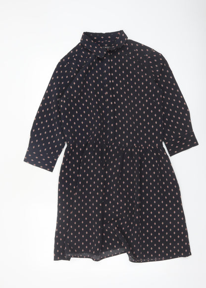 Next Womens Black Geometric Shirt Dress Size 8 Collared 3/4 Sleeve