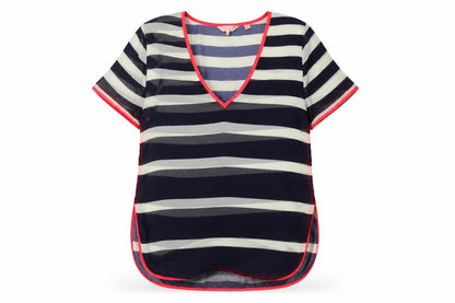 Ted Baker Women's Blue Striped Sheer V-Neck Tunic Blouse Size S